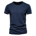 Nahaufnahme der dunkelblauen Slub-Baumwolltextur des Herren-V-Ausschnitt-T-Shirts - S / Rundhalsausschnitt / Marineblau