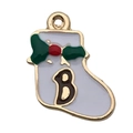 Ciondolo a forma di calza di Natale con smalto bianco, agrifoglio e dettaglio lettera B - Calza Bianca (10924) / 1 Pezzo/Confezione (21x16mm) / Platino