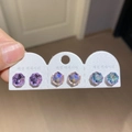 Close-up of three pairs of hexagonal cut zircon stud earrings in purple, gold and teal - 34# Purple Pink Blue Hex (6 Pairs)