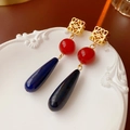 Lange Ohrhänger mit goldenem Quadratmotiv, roter Perle und blauem Wassertropfen - 47# Silberstift-Gold (Echtvergoldet)