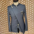 Grey plus-size men's suit with gold chain brooch and asymmetric stand collar - XXS / Gray