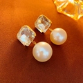Detailed close-up of square crystal and pearl drop earrings with elegant gold finish - Gold Rhinestone Square Pearl Drop Earrings