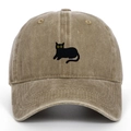 Detailed close-up of khaki washed cotton baseball cap featuring black cat embroidery - Adjustable / Khaki