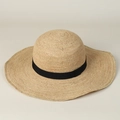 Macro detail of hand-woven raffia sun hat texture with classic black grosgrain ribbon - M (56-58cm) / Natural Raffia + Black Ribbon (B2601)