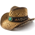 Chapeau de cowboy en paille style bohème avec ruban brodé et pierre gemme verte - M (56-58cm) / Kaki