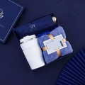 Premium business gift set including a travel mug, towel, and UV umbrella in a blue box - [Sapphire Blue] Insulated Cup + Umbrella + Towel