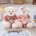 Pair of teddy bears in red plaid outfits for couples, plush stuffed animals toy set - Pink Plaid Apron Pair