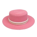 Pink wide brim woven straw hat with white pearl and gold chain decorative band - Artificial Pearl Gold Chain Style (299N)