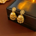 Detailed macro view of golden Jhumka earrings with traditional bell tassel design - Silver Earring Post Gold Bell Tassel Earrings (Real Gold Plated)