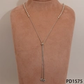 Detail of Y-shaped stainless steel necklace with marquise beads and crystal drop pendants - Silver Rice Bead Necklace (PD1575)