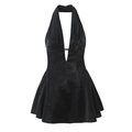 Sexy black halter neck dress with deep V-neck and ruched details in glossy fabric - S / Black