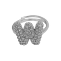 Silver letter W balloon ring with sparkling pave cubic zirconia and open design - Adjustable Open / Silver-W