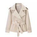 Detail of classic short beige trench coat showing lapel collar and tied waist belt - S / Milky White
