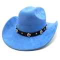 Bright blue suede western cowboy hat with studded black belt and white pearl flowers - Haze Blue