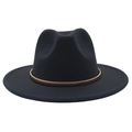 Detailed close-up of wide brim black wool felt hat with decorative golden metal ring trim - Dark Gray (Gold Ring)