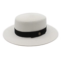 Chapeau canotier élégant en paille blanche avec ruban noir et badge M pour le soleil - M (56-58cm) / Blanc