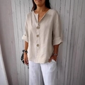 Haut ample pour femme en coton et lin beige avec grands boutons décoratifs - Fermoir Abricot À 3 Boutons N° 8055 / 3XL