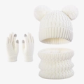Set invernale 3 pezzi con cappello a due pompon, scaldacollo foderato e guanti color crema - Bianco