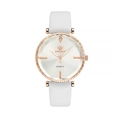Close-up of white sunburst dial with rose gold case and RINNADY quartz watch branding - White