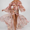 Pink floral two-piece set featuring off-shoulder puff sleeve crop top and split maxi skirt - L / Pink Floral