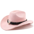 Détail du chapeau de cowboy rose avec bande ethnique colorée et breloque tête de taureau - M (56-58cm) / Rose