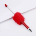 Creative red DIY beaded pen featuring a fluffy faux fur ball and metallic accents - Bright Red