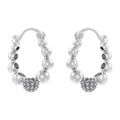 Detail of silver U-shaped hoop earring with shimmering crystal paved bead and smooth pearls - VE1221 Pave CZ Ball Hoop / White Gold