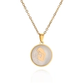 Golden titanium steel necklace featuring a round mother of pearl pendant with profile relief - Mother of Pearl Goddess Relief Necklace