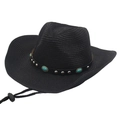 Detail of black straw cowboy hat with turquoise beads and adjustable wind rope - One Size / Black (Turquoise)