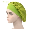 Detail of olive green satin bonnet with wide elastic band for hair protection - Adjustable / Olive Green