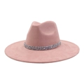 Detail of soft pink faux suede fedora hat with elegant silver rhinestone hat band decoration - 58 / Dusty Pink