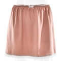 Pink satin high waist mini skirt with white lace trim and bow for a slim fit look - S / Pink