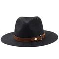 Detailed view of black woven straw hat featuring a dark brown leather belt and metal buckles - Black (Coffee Leather Band)