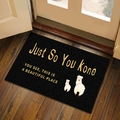 Absorbent doormat with two white alpacas and gold text on a wooden floor - Just So You Know / 60*90cm