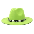 Detail of neon green wool fedora hat with black leather belt and silver metal buckle - Fruit Green