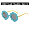 Cute sunflower shaped kids sunglasses in light blue and yellow finish for outdoor travel - Glossy Blue Frame Yellow Temple Grey Lens