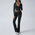 Women's black V-neck long sleeve crop top and flared pants set for casual sportswear - 2XL / Black