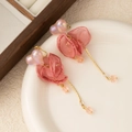 Pink tulle flower tassel earrings with heart beads and gold chains for women - Heart-shaped Pink Gauze Tassel Style (E4745/Clip-on)