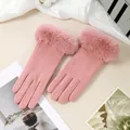 Elegant pink thermal winter gloves for women with faux fur cuffs and touchscreen fingers - Large Fur Cuff Rabbit Fur / Pink