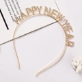 Golden Happy New Year rhinestone headband with elegant metal design for festive parties - Happy New Year Text Style / Gold