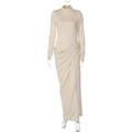 Detail of beige long sleeve dress featuring ruched waist and high neckline on mannequin - S / Apricot