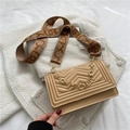 Beige quilted small square bag with decorative gold chain and logo printed strap - Khaki