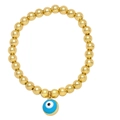 Dettaglio del bracciale con perline dorate e ciondolo smaltato occhio del diavolo blu - Azzurro