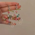 Handmade beaded flower and butterfly tassel earrings with pearls and silver pins - 925 Silver Needle / Colorful Butterfly