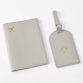 Grey PU leather passport holder and luggage tag set with golden airplane stamping - Light Grey Airplane