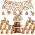 Capybara birthday party set with banner, cake toppers and hanging spiral decorations - 4-Piece Set-Capybara