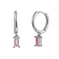 Silver hoop earrings featuring rectangular pink zircon drop pendants in a minimalist style - Silver + Pink Zirconia