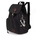 Sac à dos en toile noire rétro avec sangles en cuir marron et pendentif décoratif - Toile / Noir (avec Pendentif Basket en Toile)