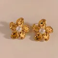 Creative gold flower stud earrings with hammered metal texture and pearl center - Flower Style (D2969) / Gold