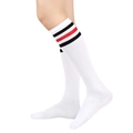 White knee-high socks with red and black stripes, casual sporty collegiate style - One Size / White with Black-Red-Black Stripes